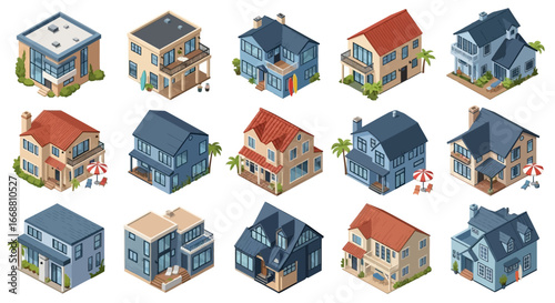 A diverse collection of fifteen 3D Isometric houses and buildings.