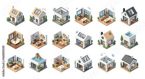 Collection of 3D Isometric Modern House and Interior Designs.