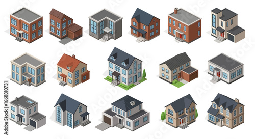 Collection of Various 3D Isometric Residential Houses and Buildings.