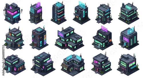 Cyberpunk 3D Isometric Game Assets Building and Architecture Set.