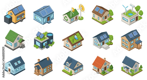 3D Isometric collection of eco friendly houses with green energy sources.