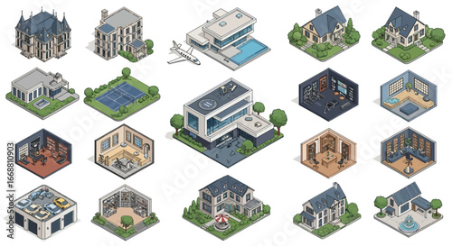 3D Isometric Buildings and Room Interiors Vector Set.