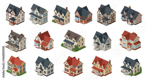3D Isometric Collection of Various Residential Houses and Buildings.