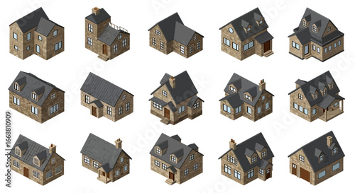 3D Isometric Collection of Medieval Fantasy Village Houses and Buildings.