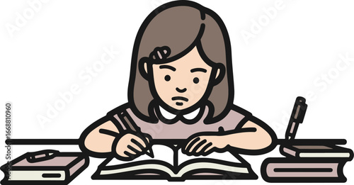 Focused young girl with brown hair and a hair clip diligently studying and writing in a book.