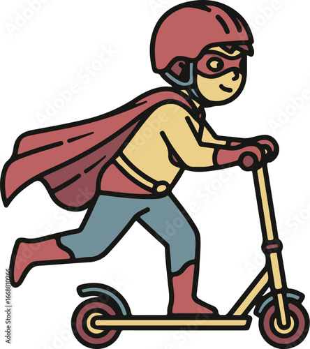 Cartoon superhero child with a red cape and helmet riding a yellow kick scooter.
