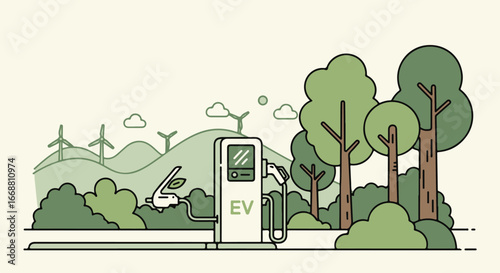 Stylized EV charging station powering a green leaf-shaped electric car in a lush, natural landscape.
