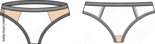 Women’s bikini briefs vector illustration with contrast panel design, front and back views, detailed stitching, fashion garment flat sketch.