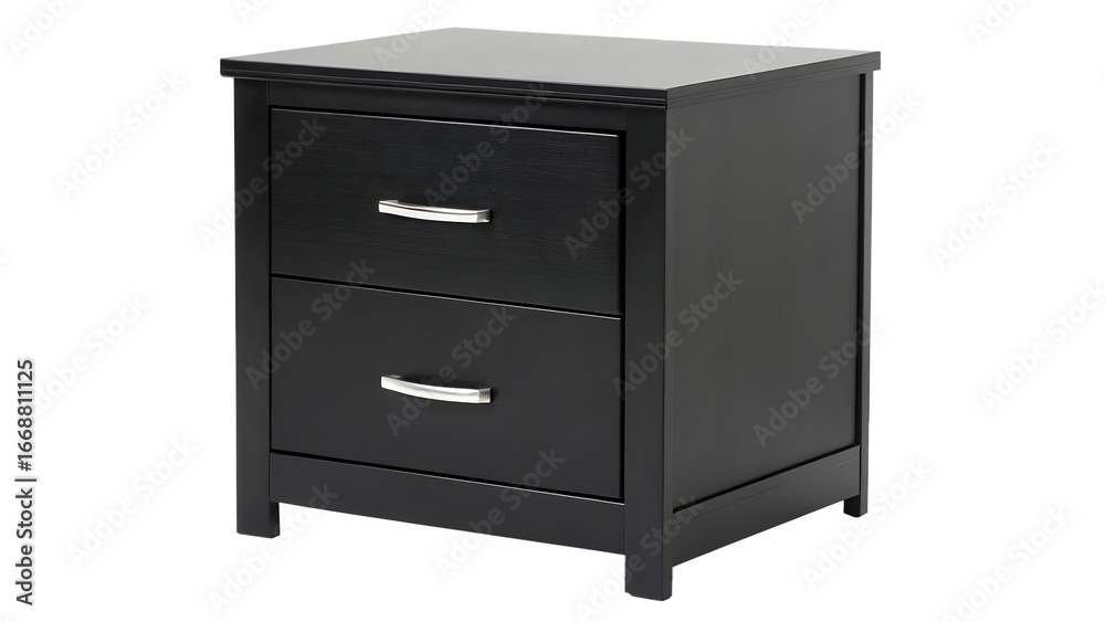A modern black nightstand with two drawers and silver handles on a clean background PNG. AI GENERATED.
 A modern black nightstand with two drawers and silver handles on a clean background PNG. AI GENERATED.