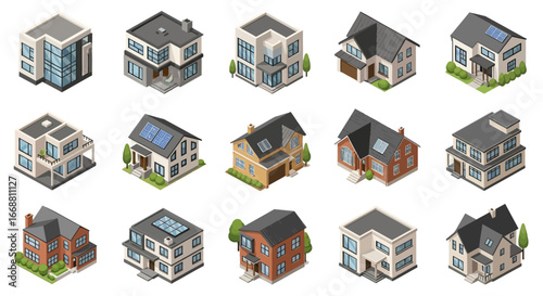 3D Isometric Houses Collection Modern and Traditional Suburban Homes Set.