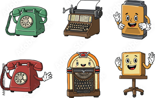 Vintage cartoon telephone, retro typewriter, jukebox, book, office chair, classic technology, funny character, antique communication, nostalgic vector, collectible illustration