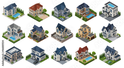 3D Isometric Houses Collection Set of Modern and Classic Cottages.