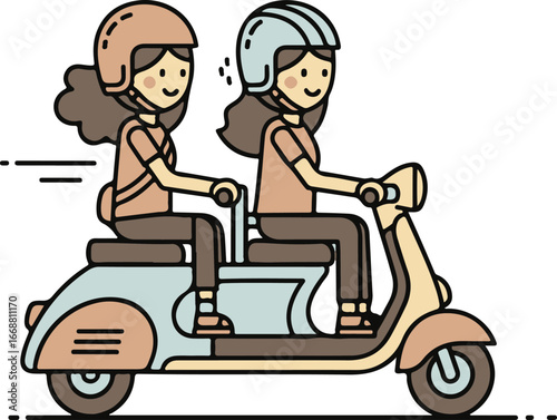 Two smiling cartoon women wearing helmets ride a colorful retro scooter together.