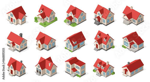 3D Isometric Houses Collection with Red Roofs Vector Set.