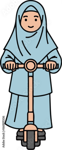 A smiling cartoon woman in a light blue hijab riding a modern electric scooter front-on.