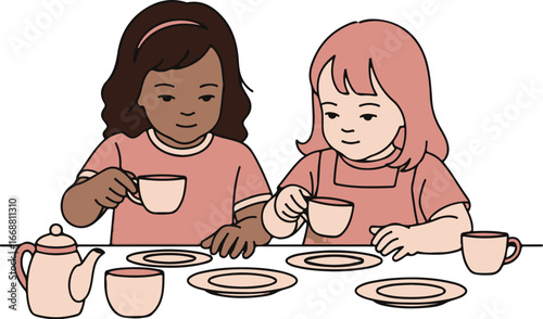 Charming illustration of two diverse young girls in pink shirts enjoying a pretend tea party.