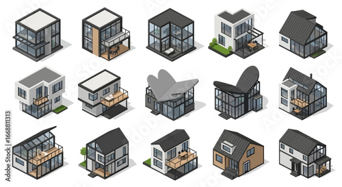 3D Isometric Modern Houses and Buildings Collection Set.