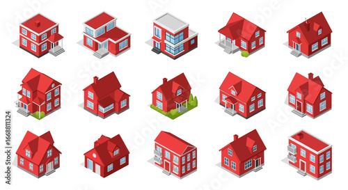 3D Isometric Red Houses and Residential Buildings Vector Set.