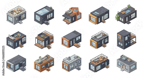 3D Isometric Pixel Art Collection of Modern Tiny Houses and Modular Homes.