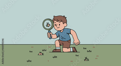 Curious cartoon boy with a magnifying glass kneeling to examine a small insect on the ground.