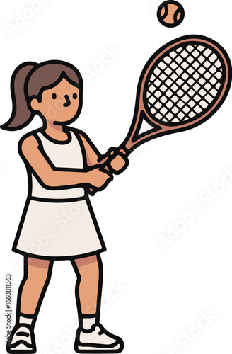 A cartoon girl with a brown ponytail in a white tennis dress, holding a racket and hitting a ball.