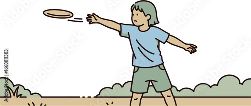 Hand-drawn illustration of a young person with green hair and a blue shirt throwing a frisbee.