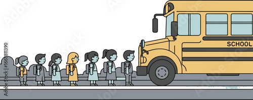 Hand-drawn illustration of diverse school children with backpacks lining up for a yellow school bus.