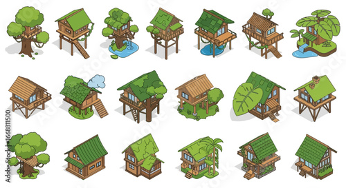 3D Isometric Treehouse and Jungle Hut Collection Set.