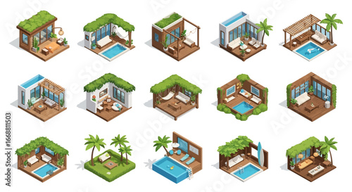 3D Isometric Tropical Resort Bungalows and Villa Interiors Set.