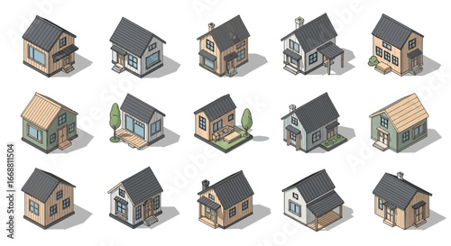 3D Isometric vector illustration set of various private houses and suburban homes.