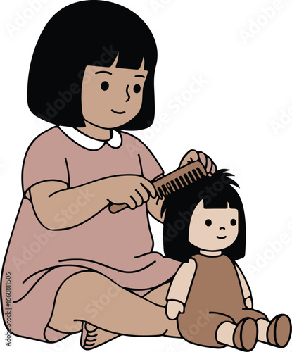 A charming cartoon girl with a black bob haircut in a pink dress, sitting and gently combing her dolls hair.