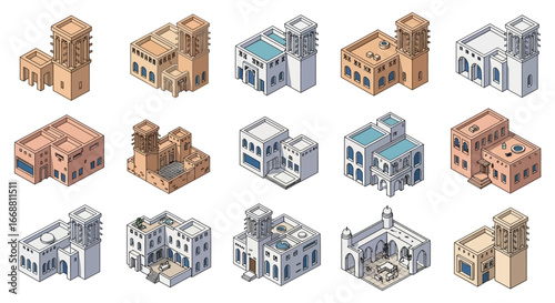 3D Isometric Vector Set of Traditional Arabic Middle Eastern Houses and Buildings.