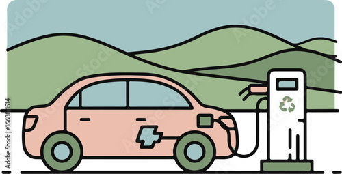 A flat, line-art illustration of a pink electric car refueling at a charging station, showcasing sustainable and modern automotive technology.
