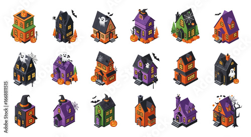 Large set of 3D Isometric haunted house illustrations for Halloween.