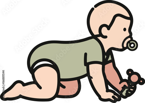 A simple cartoon illustration of a crawling baby in a green onesie with a pacifier and a toy rattle.