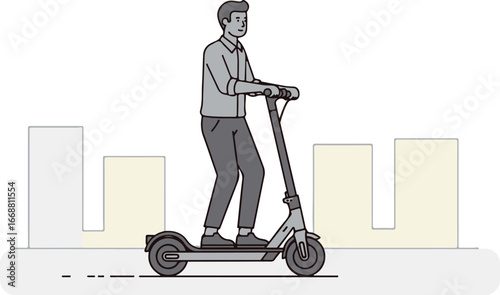 Side profile line art illustration of a man in a shirt and trousers riding a modern electric scooter.