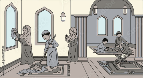 Illustration of a Muslim family in traditional dress cleaning and then reading the Quran together.
