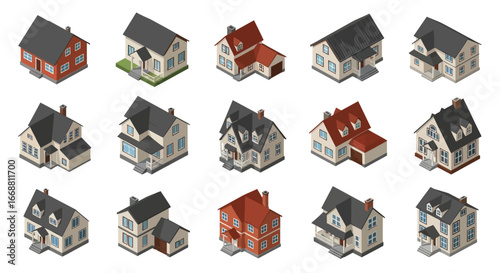 Set of Fifteen 3D Isometric Residential Houses and Cottages.