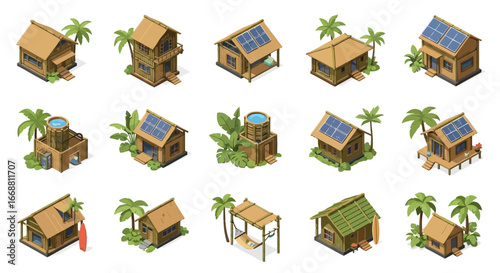 Set of 3D Isometric Tropical Island Buildings for Video Game Development.