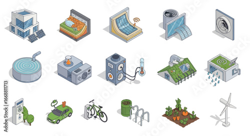 Sustainable City and Renewable Energy 3D Isometric Vector Illustrations.