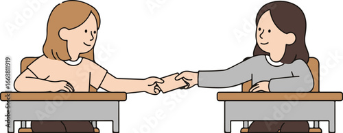 Two smiling schoolgirls in a hand-drawn style passing a folded paper note between their classroom desks.