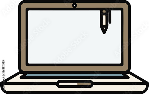Simple line art illustration of an open laptop with a blank white screen and pen icon.