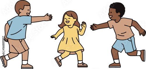 Joyful illustration of three diverse children running and playing together with happy smiles.