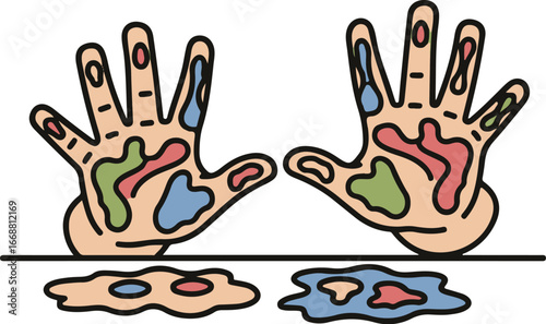 A pair of illustrated hands with colorful red, green, and blue reflexology zones on the palms and fingers.
