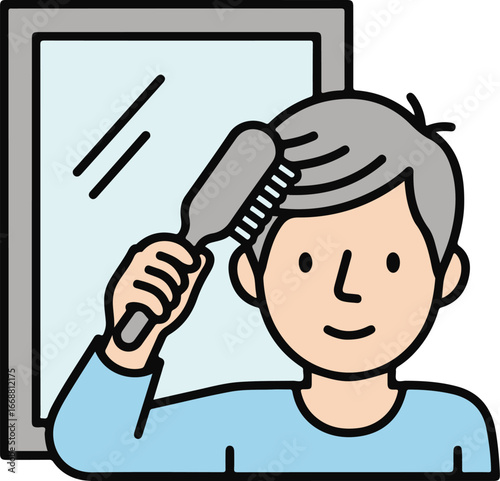 A smiling cartoon person with gray hair brushing their hair in front of a mirror, simple line art illustration.