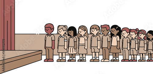 Cartoon illustration of diverse school children in uniform standing patiently in a long line.