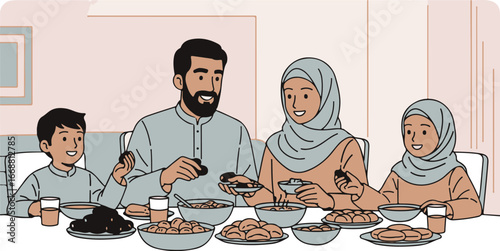 Joyful Muslim family illustration showing parents and children sharing an Iftar meal together.