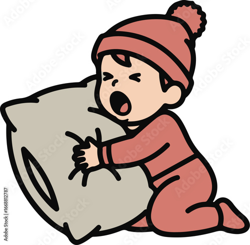 Tattoo-style illustration of a tired baby in a red beanie and pajamas, yawning widely while hugging a pillow.