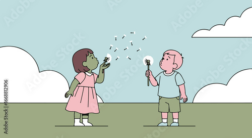 A charming illustration of two diverse children, a girl in a pink dress blowing a dandelion and a boy holding one.