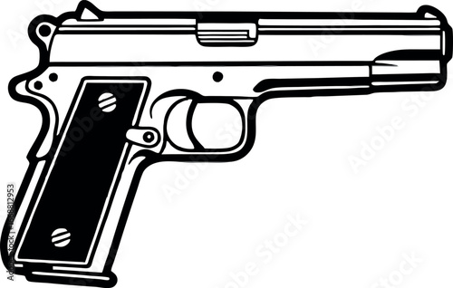 Black metal handgun or pistol with a 9mm bullet on a white background, an isolated weapon for military and police security